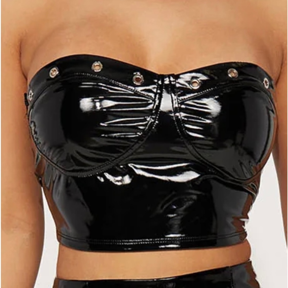 NWT - Black Latex crop tube top - sweetheart neckline - small
